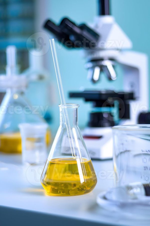 flask-with-yellow-liquid-in-a-lab-with-equipment-blurred-in-the-background-vertical-mobile-wallpaper-photo